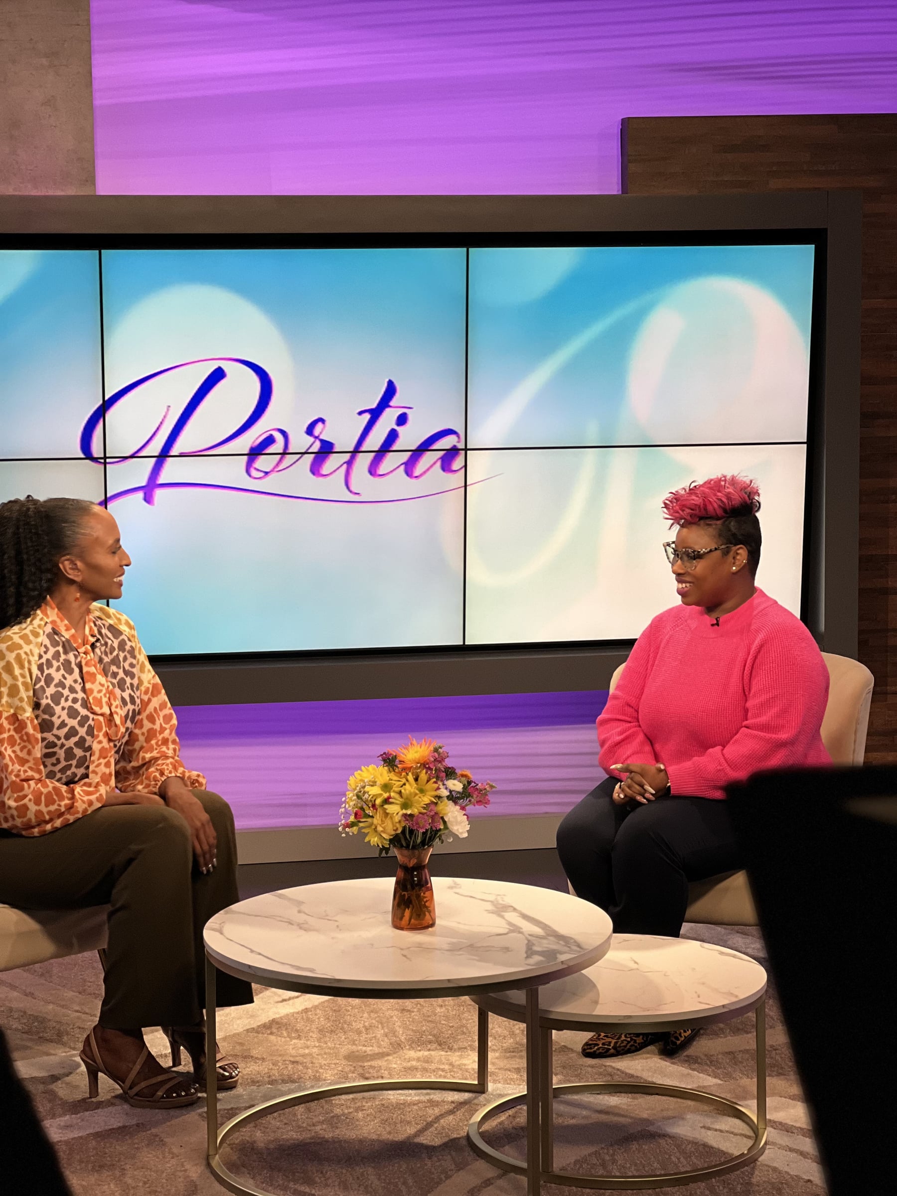 LaShawn Davis in conversation on the Portia television set